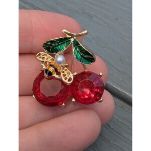 Vintage Style Cherry Bumblebee Brooch Red Crystal Enamel Gold Tone Pin Whimsical